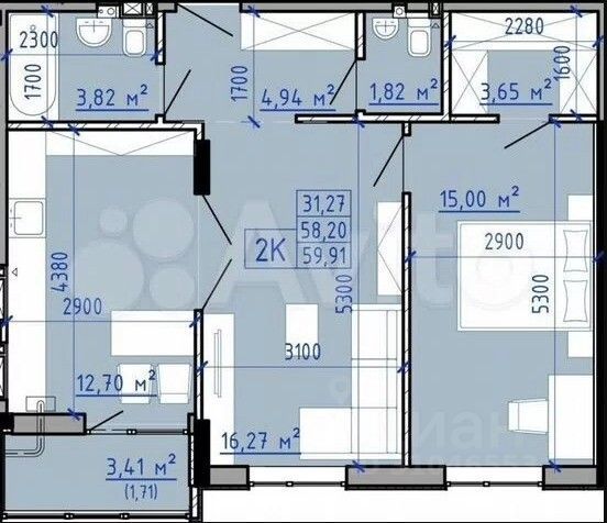 Продажа 2-комнатной квартиры 60 м², 6/9 этаж