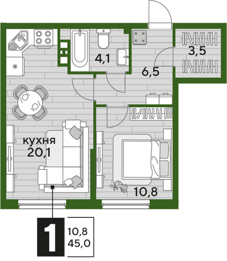 Продажа 1-комнатной квартиры 45 м², 6/19 этаж