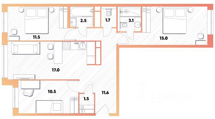 Продажа 3-комнатной квартиры 73,1 м², 4/10 этаж