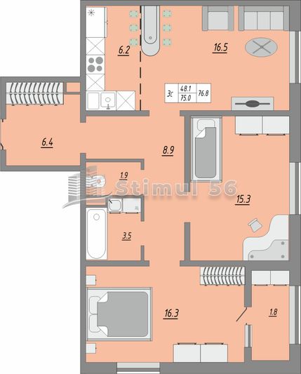 Продажа 3-комнатной квартиры 76,2 м², 8/17 этаж