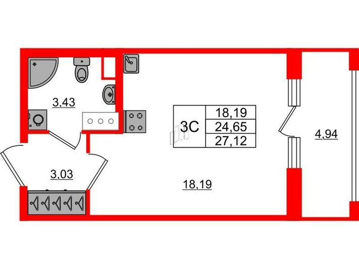 Продажа квартиры-студии 24,6 м², 15/23 этаж